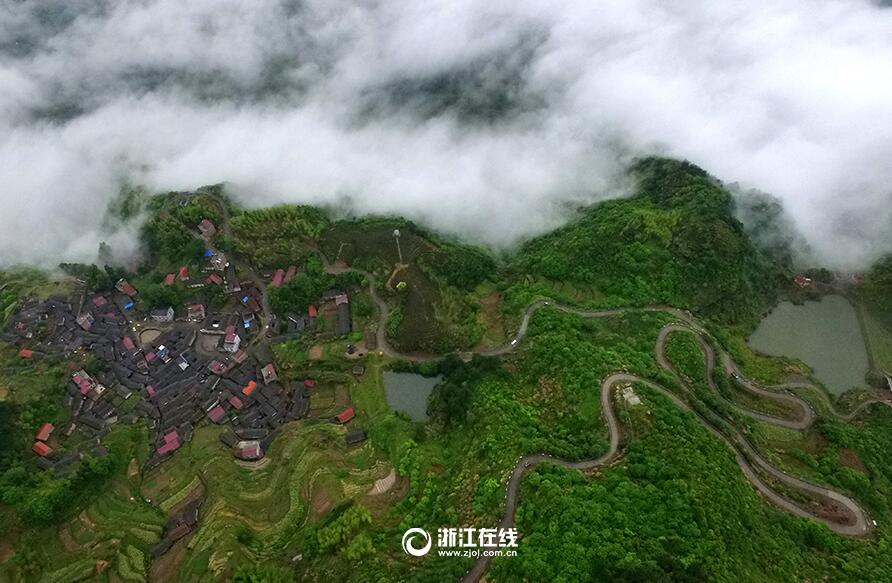 空中俯瞰海拔千米的武义县新宅镇大莱岗头和清明节坦洪乡上周村,满山