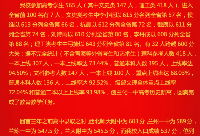 甘肃名校兰化一中2015年高考再现全省名优一